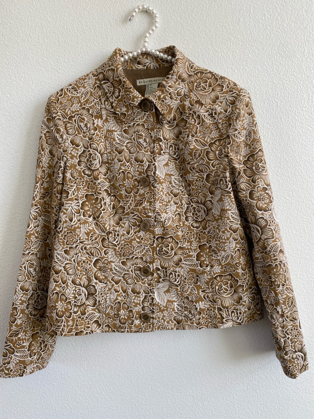 Requirements Womens Size 12
Brown Floral Linen Blend Blazer
Jacket Boho Country